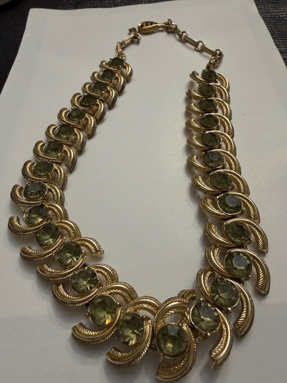 Gold-Tone Necklace with Olive Green Stones - Unbranded